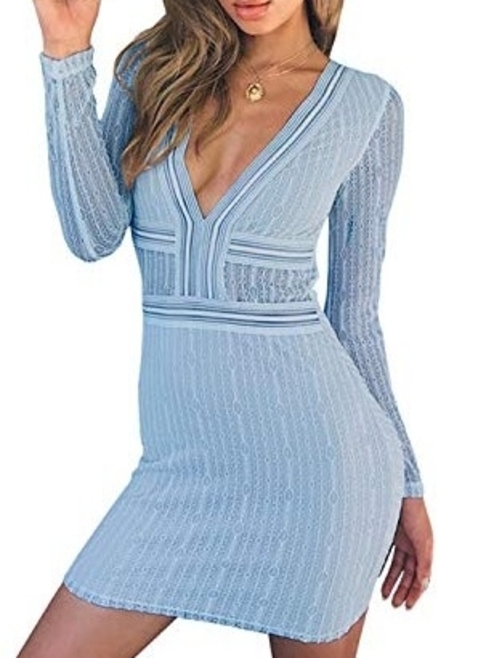 Light Blue Lace Long-Sleeve V-Neck Dress Size S, New